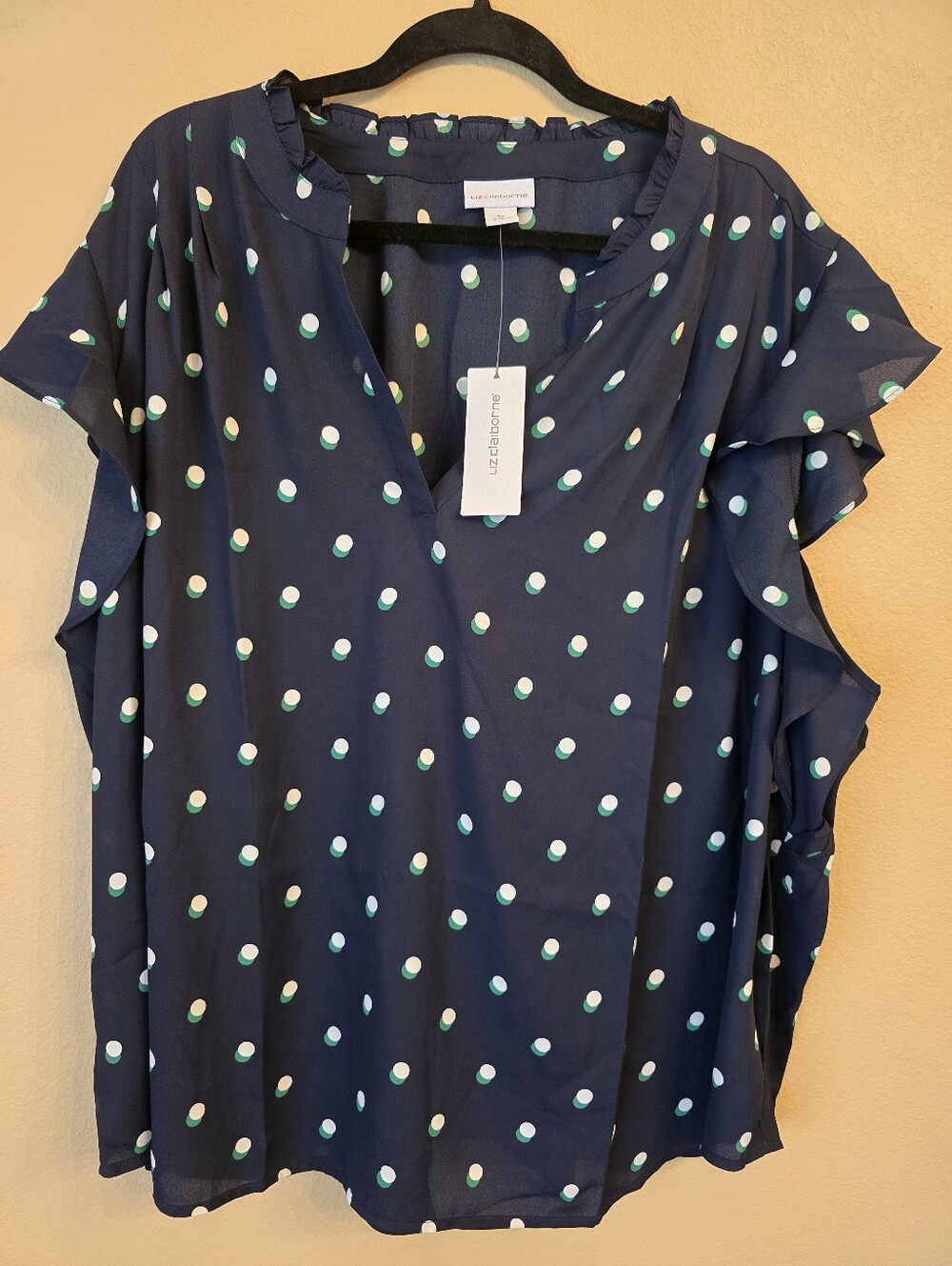 Liz Claiborne Navy Polka Dot Flutter Sleeve Blouse Plus Size 4X NWT Relaxed Fit